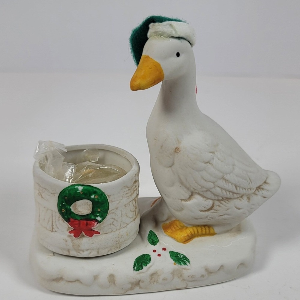 Vintage Christmas Goose Ceramic Candle Holder Wreath Figurine Green Stocking Cap